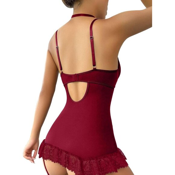 Sexy Floral Lace Garter Belt Babydoll Corset Push Up Burgundy Red Lingerie Set - Picture 2 of 6